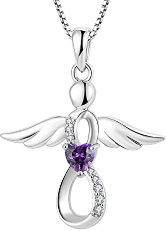 FJ Damen Schutzengel Halskette Anhänger 925 Sterling Silber Infinity Unendlichkeit Kette Amethyst Februar Geburtsstein Halskette Engel Schmuck Geschenke für Frauen Mädchen