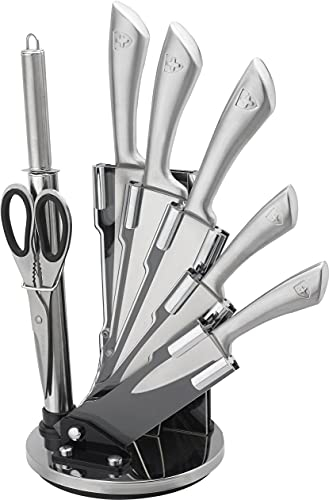 ROYALTY LINE, RLKSS600, Bloque de cuchillos de 8 piezas con soporte para ventilador, tijeras, cuchillos de acero inoxidable, mangos antideslizantes, afilador incluido - Plata - Tamaño estándar