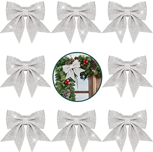 POPOYU 8 Stück Silbrige Weihnachtsbaum Schleifen, Dekorative Schleifen & Bänder Christbaumschmuck, Baumkranz Dekorationen aus Baumwolle, Modern, Weihnachten, Silbrig, Glitzer, Abstrakter Druck