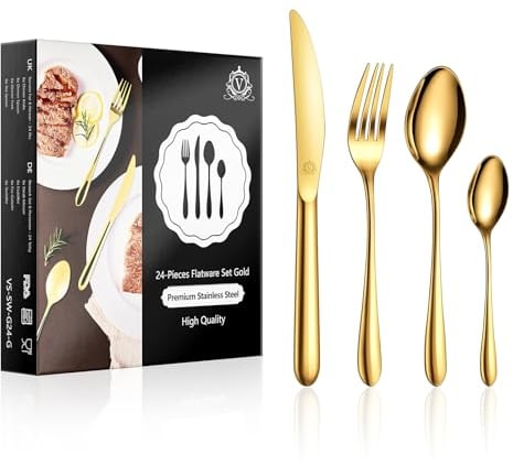vancasso Gold Cutlery Set for 6 People,24 Piece Food-Grade Knife and Fork Sets, Mirror Polished Silverware, Include 6 Knives/6 Spoons/6 Tea Spoon, Gift Package for Wedding Housewarming