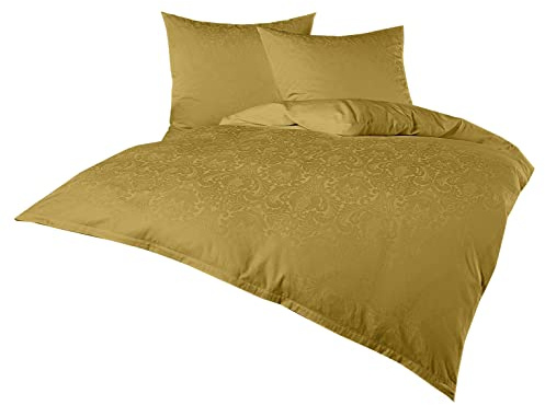 Bettwaesche-mit-Stil Mako Satin Damast Bettwäsche Ornament Garnitur 100% Baumwolle 200x220 + 2X 80x80, Gold