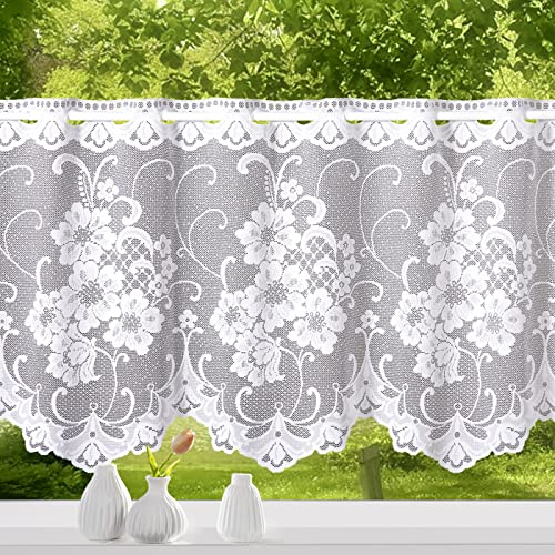 heimtexland ® Scheibengardine Jacquard Blumen Bogen Bordüre Gardine weiß Fensterdekoration Bistrogardine Typ261 HxB 50 x 100 cm