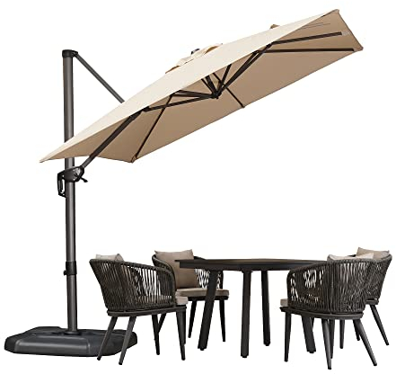 PURPLE LEAF Parasol Déporté 2,5 × 2,5 m Carré avec Base Croisée, Parasol de Jardin Extérieur Protection UPF 50+, Parasol en Aluminium avec Manivelle, Rotation à 360° et Inclinaison à 5 Niveaux, Beige