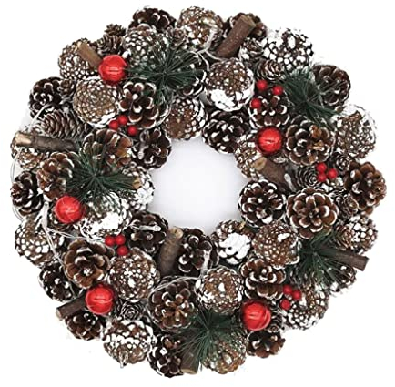 JYCCH Künstlicher Kranz 40 cm/16 Weihnachtskranz Künstlicher Tannenzapfen-Kranz mit Batterielichtern & Weihnachtskugeln Kreativer handgemachter Kranz für Haustür Kranz für Haustür (Wei