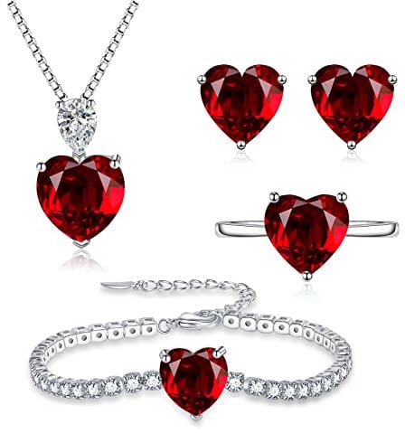 Loutade Silver Jewellery Set for Women, 925 Sterling Silver 4-Piece Fashion Heart Necklace, Earrings, Ring, Bracelet Set with Red Cubic Zirconia