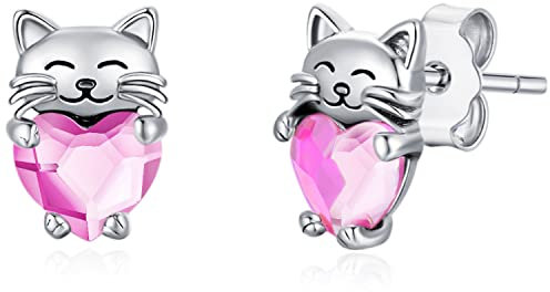 Katzen Ohrringe 925 Silber Ohrringe Kinder Katze Ohrstecker mit Geburtsstein Rosa Katzen Geschenke für Mädchen Katzen Schmuck für Damen Katze Liebhaber…