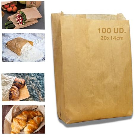 Grupo Darik Pack 100ud. Bolsas kraft para alimentación 20x14 cm., bolsa para panadería, bolsas de papel kraft, bolsas para manualidades, bolsas para bocadillos, bolsas para chuches
