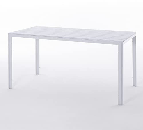 RATTATAN THOMAS - rechteckiger Gartentisch 156x78 mit Stahlgestell und hochwertiger Platte aus Polyethylen in raffiniertem Holzdesign (Weiß)