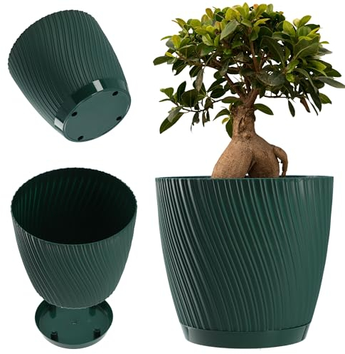 KADAX Blumentopf mit Untersetzer, Pflanzentopf in dreidimensionalen Wellenform, Pflanzkübel aus Kunststoff, Dekorativer Topf für Blumen, Kakteen und Kräuter (23 cm, Grün)