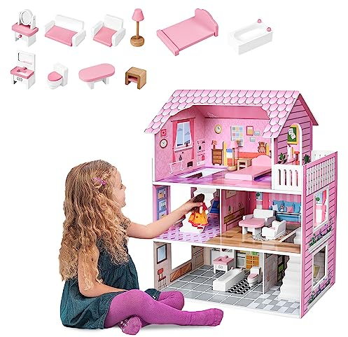 JOIEYOU Maison de Poupées en Bois, Maison de Jeu pour Poupées, Grande Villa de Poupées avec Meubles et Accessoires, Jouet Dollhouse pour Filles et Garçons, 3 Étages, Type A, 60x24x70cm