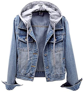 liaddkv Veste en jean vintage décontractée à capuche avec boutons en duvet et manches longues pour femme, bleu clair, XL