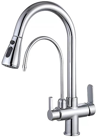 Grifo de Cocina 3 Vias para Osmosis Grifo Cocina Extraible en Latón,Mezclador de Fregadero Giratorio 360,Con Dos Asas Filtro,2 Salidas,para Agua Fría y Caliente (Silver)