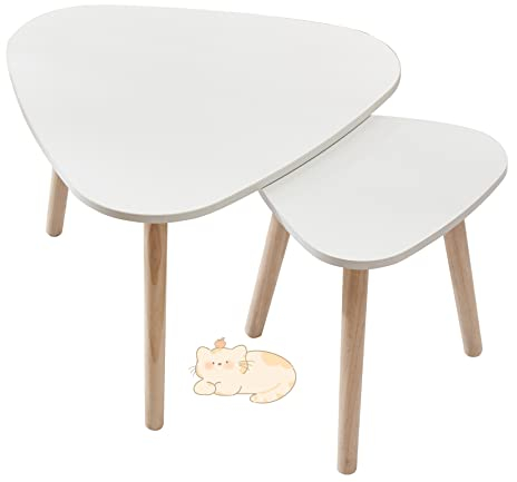 HUOLE Beistelltisch Couchtisch Sofatisch,2 Set Beistelltisch mit Ablagen Couchtisch Sofatisch Kaffeetisch Satztisch Zwei Dreiecke - weiß
