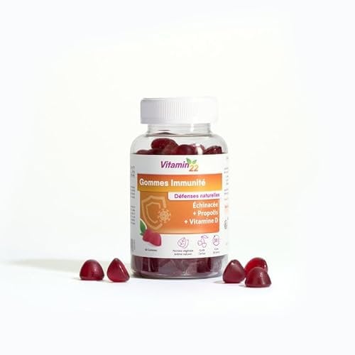 VITAMIN'22 - Gommes Immunité - à Base de Vitamine D, Propolis et Échinacée - Booste les défenses immunitaires - Au délicieux goût de cerise - 60 gommes