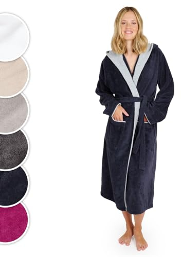 Blumtal Bademantel Damen, kuschelig weicher Bademantel Damen Baumwolle mit gefütterter Kapuze und samtigen Frottee-Velours, Oeko-TEX® Zertifiziert, Größe M, Dark ocean blue