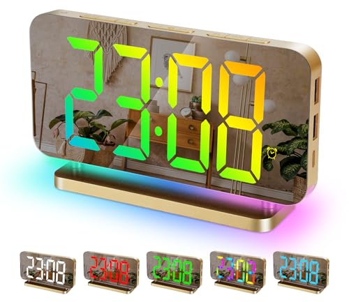 Sukeen Wecker Digital, 7,4 Wecker Digital Uhr, Spiegel Digitaler Wecker mit 11 Farben Digitalanzeige, 10 Modi RGB-Nachtlicht, USB-C-Ladeanschluss,Lautstärke,Helligkeit,Tischuhr für Schlafzimmer-Gold