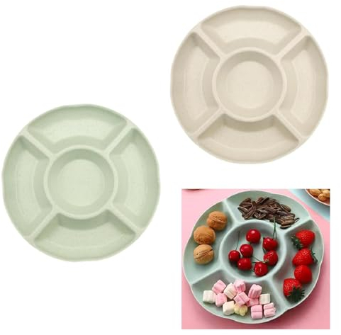 XUEHOU Piatti Snack con Scomparti Ciotola Snack Rotonda Ciotola per Dolci Confezione 2 Pezzi Vassoio Snack 5 Scomparti Piatto Frutta Riutilizzabile Verde Chiaro e Bianco Crema per Noci