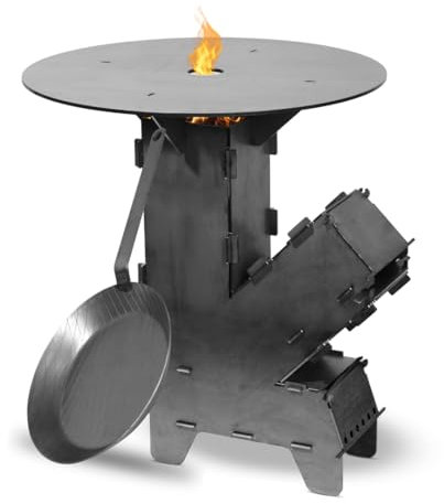 Czaja® Four à fusée avec plaque de cuisson et poêle en fer Rocket Stove Système d'emboîtement en acier massif de 3 mm d'épaisseur Brasero BBQ fusée Four à bois Camping Réchaud de camping Barbecue de