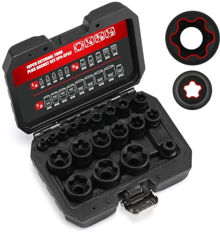 MIXPOWER 19PC External Torx Plus Socket Set 6 Point EP Socket Compatible with Tesla EP4-EP32 with 1/2'' 3/8'' 1/4'' Dr CR-V