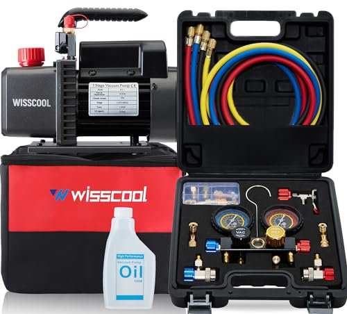 Wisscool 4.5CFM Air Vacuum Pump HVAC AC Refrigerant Kit Manifold Gauge Set R134a R22 R12 with Carrying Bag