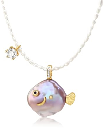 Hi Pearl Fisch 14-20mm Süßwasserperlen Anhänger Halskette Handgemachtes Geschenk Glücksbringer Kette für Mädchen Kinder