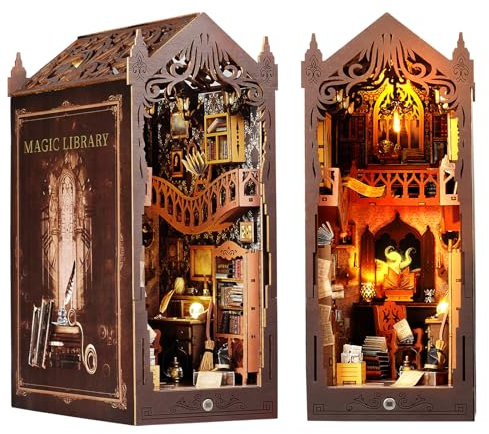 DIY Book Nook Kit, 3D Miniatur Haus Kit, Holzpuzzle Buchstütze Mit Sensorlicht und Möbeln, Puppenhäuser Miniatur Haus Kit für Bücherregal Deko, Buch Ecke Miniatur Kit Geschenken für Erwachsene Teens