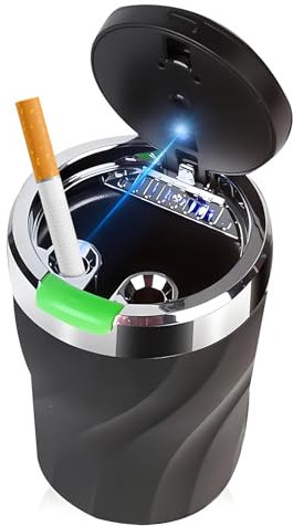 1Pcs Cenicero Coche,con Luz Led y Tapa,Cenicero Exterior,Cenicero Coche con Tapa Cenicero Portátil,para Automóvil Hogar Oficina y Camping Viajes(Negro)