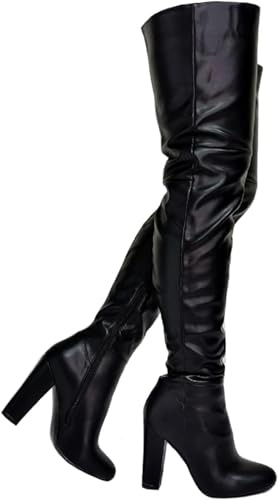 WEHAM Overknee-Stiefel mit Blockabsatz und spitzer Spitze für Damen, 8 cm hohe Herbst-/Winterstiefel aus PU-Leder