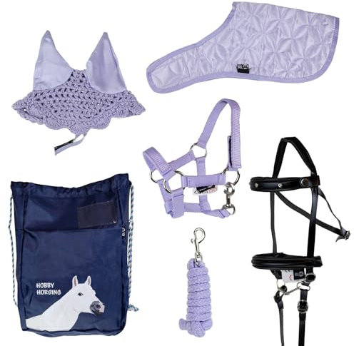 RL24 - Hobby Horse Zubehör Set (6-teilig) – Halfter mit Strick, Decke & Fliegenhaube in Flieder – Trense in Schwarz – mehrfarbiger Transportbeutel für Stockpferde – Steckenpferd Zubehör