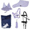 RL24 - Hobby Horse Zubehör Set (6-teilig) – Halfter mit Strick, Decke & Fliegenhaube in Flieder – Trense in Schwarz – mehrfarbiger Transportbeutel für Stockpferde – Steckenpferd Zubehör