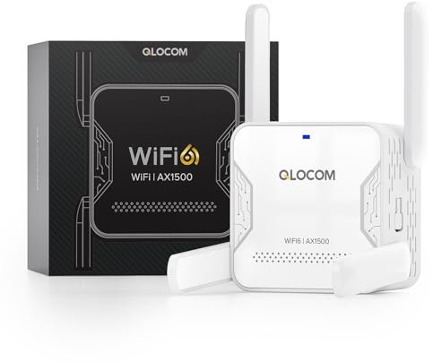 QLOCOM 2025 Newest AX1500 WiFi Extender Booster Blazing-Fast WiFi 6 1500Mbps WiFi Booster Range Extender Dual Band 5.8GHz & 2.4GHz,3600 Sq.Ft Coverage, Ethernet Port & UK Plug
