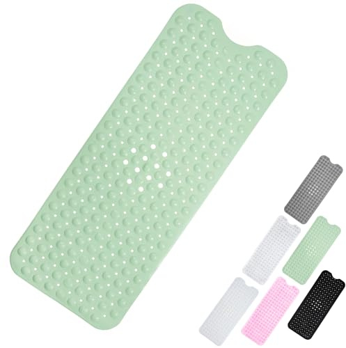 Shower Bath Mat 100x40cm,Extra Long Shower Mat Anti Mould Bath Mats Green,Non Slip Bath Mat for Tub,Shower Mats with Suction Cups,Drain Holes,Machine Washable Bathroom Bathtub for Kids,Elderly