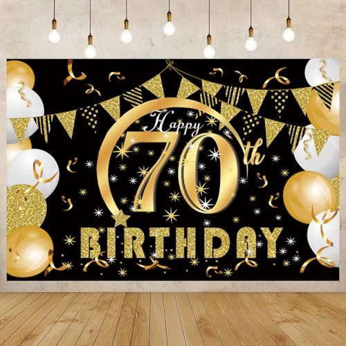 70. Geburtstag Banner Schwarz Gold 70. Geburtstagsbanner 70 Hintergrund Banner 70 Jahre HAPPY BIRTHDAY für 70 Mädchen Jungen Geburtstagsfeier Deko 180 * 110cm