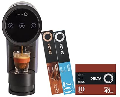 Delta Q | Cafetera Cápsulas IconiQ Negra + 60 Cápsulas Café | Inluye 40 Intensidad 10 + 10 Descafeinado + 10 Café con Canela