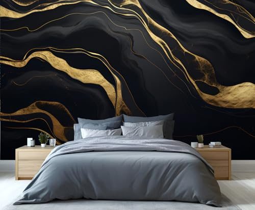 YXQAIED Marble Wallpaper, Luxury Black Gold Wallpaper for Bedroom, Modern Gold Stripes Living Room Wallpapers, Wall Murals for Apartment & Room Decor (Not Peel and Stick)