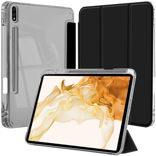 Case for Samsung Galaxy Tab S8 Plus 2022/S7 FE 2021/S7 Plus 2020 12.4 Inch | Black S Pen Holder Clear Transparent Back Slim Shockproof Stand Tablet Cover Auto Wake Sleep Magnetic Closure Full Protection