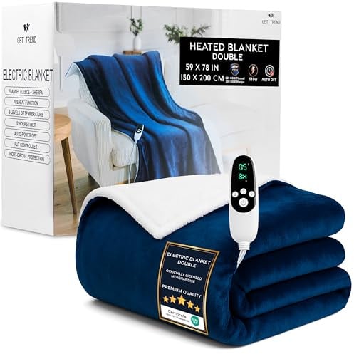 Get Trend Heizdecke Doppelt, Weiche Sherpa Fleecedecke 150x200cm, 9 Heizstufen, 12-Stunden-Abschaltautomatik, Warme Kuscheldecke Geschenk (Marine, Doppel EU)