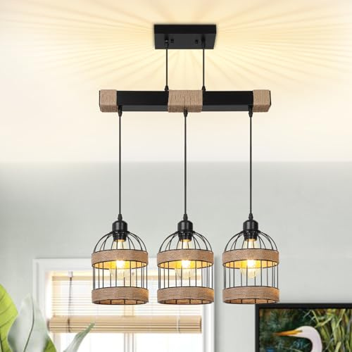 SERBASIC Pendelleuchte Esstisch 3-Flammig Höhenverstellbar,Schwarz Hängelampe Vintage mit Eisenkäfig,E27 Hanfseil Hängeleuchte Esstischlampe Hängend für Küche,Wohnzimmer,Esszimmer,Café