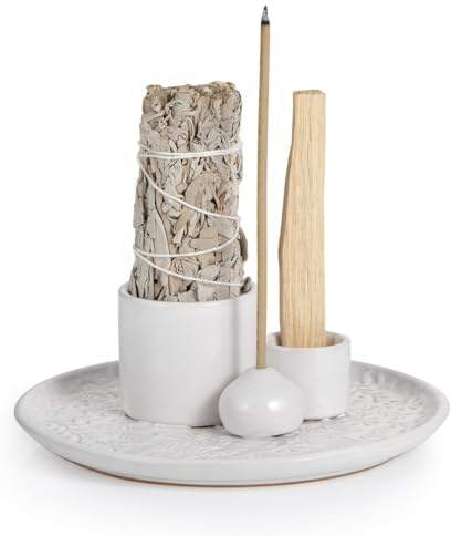 Porte-Sauge en Céramique 3 en 1, Support pour Palo Santo, Sauge et Plateau Collecteur de Cendres Fait Main pour Salle de Méditation (Blanc)