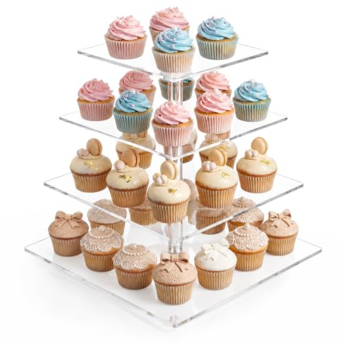 4 Tier Cupcake Stand, Square Acrylic Cake Display Stand, Reusable Transparent Cake Dessert Holder, for Wedding, Party,Birthday,Shower, Halloween,Christmas (Transparent - Square)