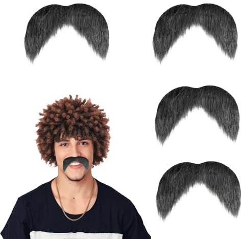 Self Adhesive Fake Moustache, Moustache Fancy Dress, Black 4 Pcs | Lightweight Polyester Looks Natural, Self-Adhesive Trim Allows Custom Shaping, Suitable for Halloween and Cosplay Costumes