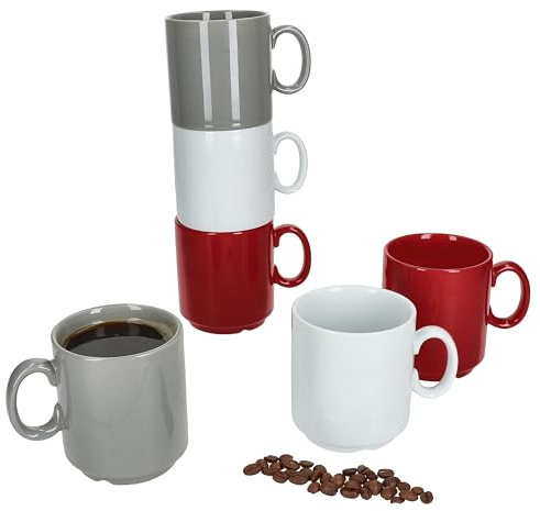 MamboCat Event Trio 6er Set Kaffeebecher I 250 ml I graue, rote & weiße Porzellan-Becher mit Henkel I 6 Personen I stapelbare Tassen für Tee, Kakao, Latte Macchiato & Co I Kaffee-Geschirr