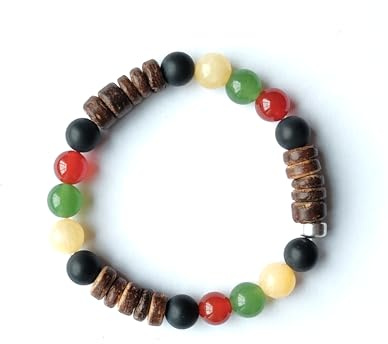 Bracelet UNISEXE esprit RASTA, sans fermoir, avec perles de noix de coco naturelle et pierres véritables de couleurs. Cache noeud en argent 925. Idée cadeau français (20 CM)