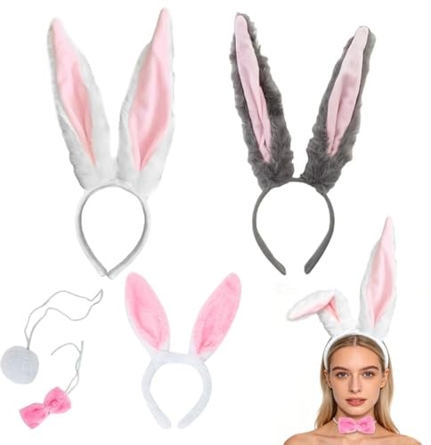 Katyjun Hasenohren Haarreif - 3 Hasenohren Haarreif, Ein Rosa Fliege Und Ein Hasenschwanz | Für Tierische Mottopartys Und Cosplay | Hasen Ohren Haarreif, Ohren Als Komplettes Set Mit Vielfältigen