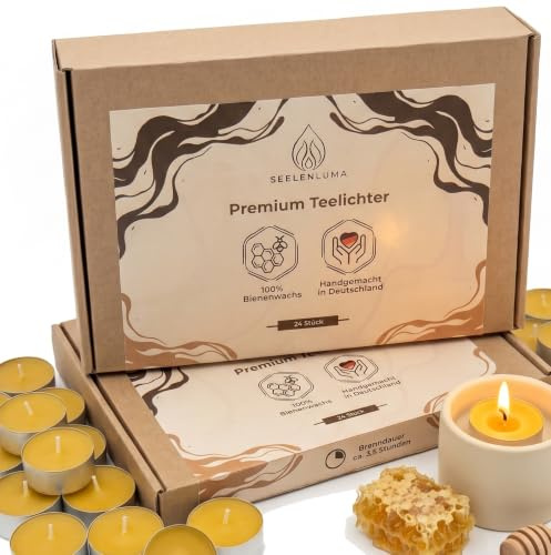 Bienenwachs Teelichter 24er Set – 100% Reines EU-Bienenwachs, 3,5 hr +, Handgemacht in Berlin, Paraffinfrei, Baumwolldocht