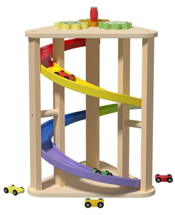 Gralara Pista Auto Scivolo Bambini Giocattolo Rampa Auto Scivolo a Spirale Tavola con Ingranaggi Struttura in Legno Favorisce Concentrazione E Motricità Fine