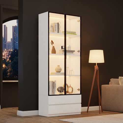 staronce Vitrine Weiß mit LED Beleuchtung, Glasvitrine 80x34x200 cm, Highboard Wohnzimmer mit Glastüren, 2 Türen & 2 Schubladen, MDF