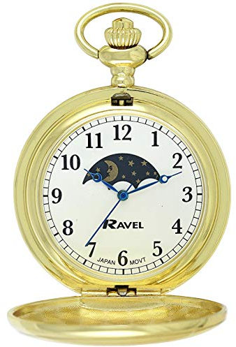 Ravel - Full-Hunter Mondphasen-Taschenuhr mit Edelstahlkette - Goldton