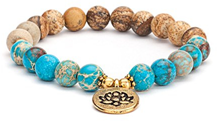 Mala Armband, Landschaftsstein (Jaspis) & blauer Imperial Türkis, mit Lotus-Charm, Gr. M, nicht nur für Yoga Fans