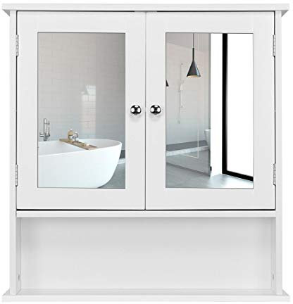 Yaheetech Armario de Pared con Espejo 56x13x58 cm para Baño con 3 Niveles Gabinete Colgador para Cocina Salón Madera Armario Suspendido de Almacenaje